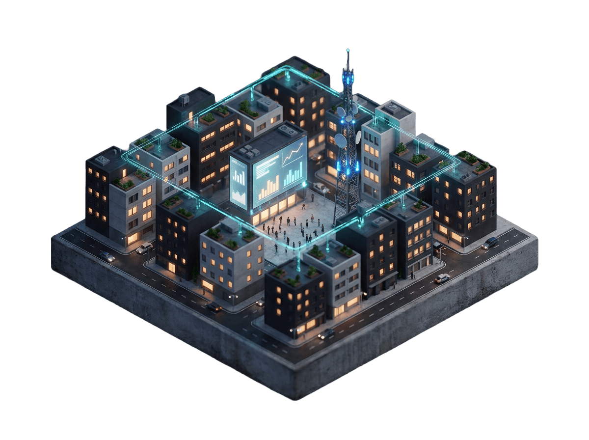 Render isometrico di un quartiere connesso con schermo dati e antenna di rete