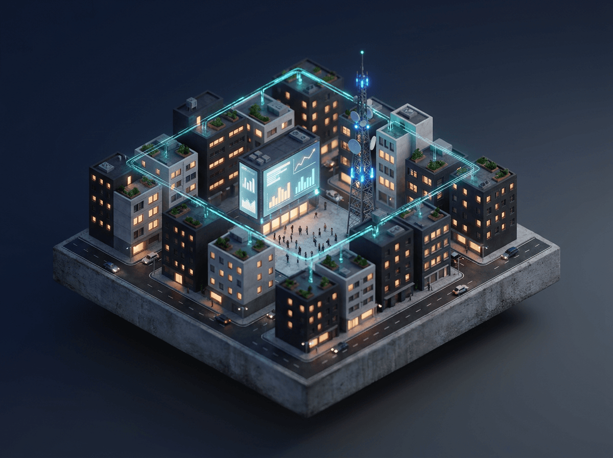 Render isometrico di un quartiere connesso con schermo dati e antenna di rete