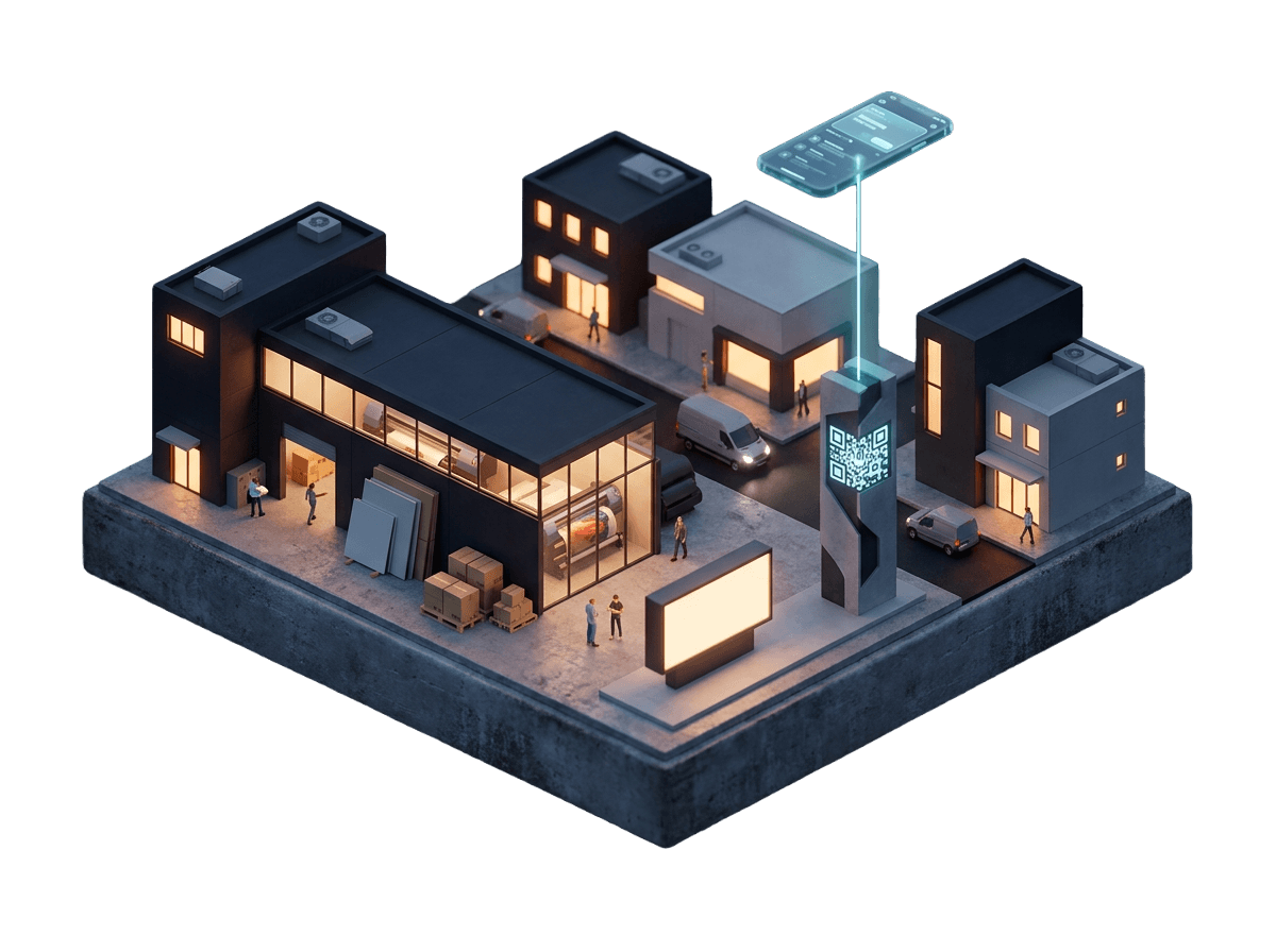 Render isometrico di un laboratorio con stampa, packaging e totem QR