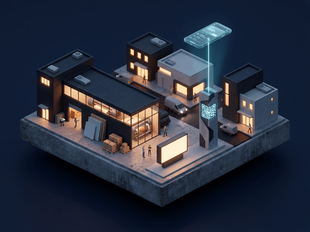 Render isometrico di un laboratorio con stampa, packaging e totem QR