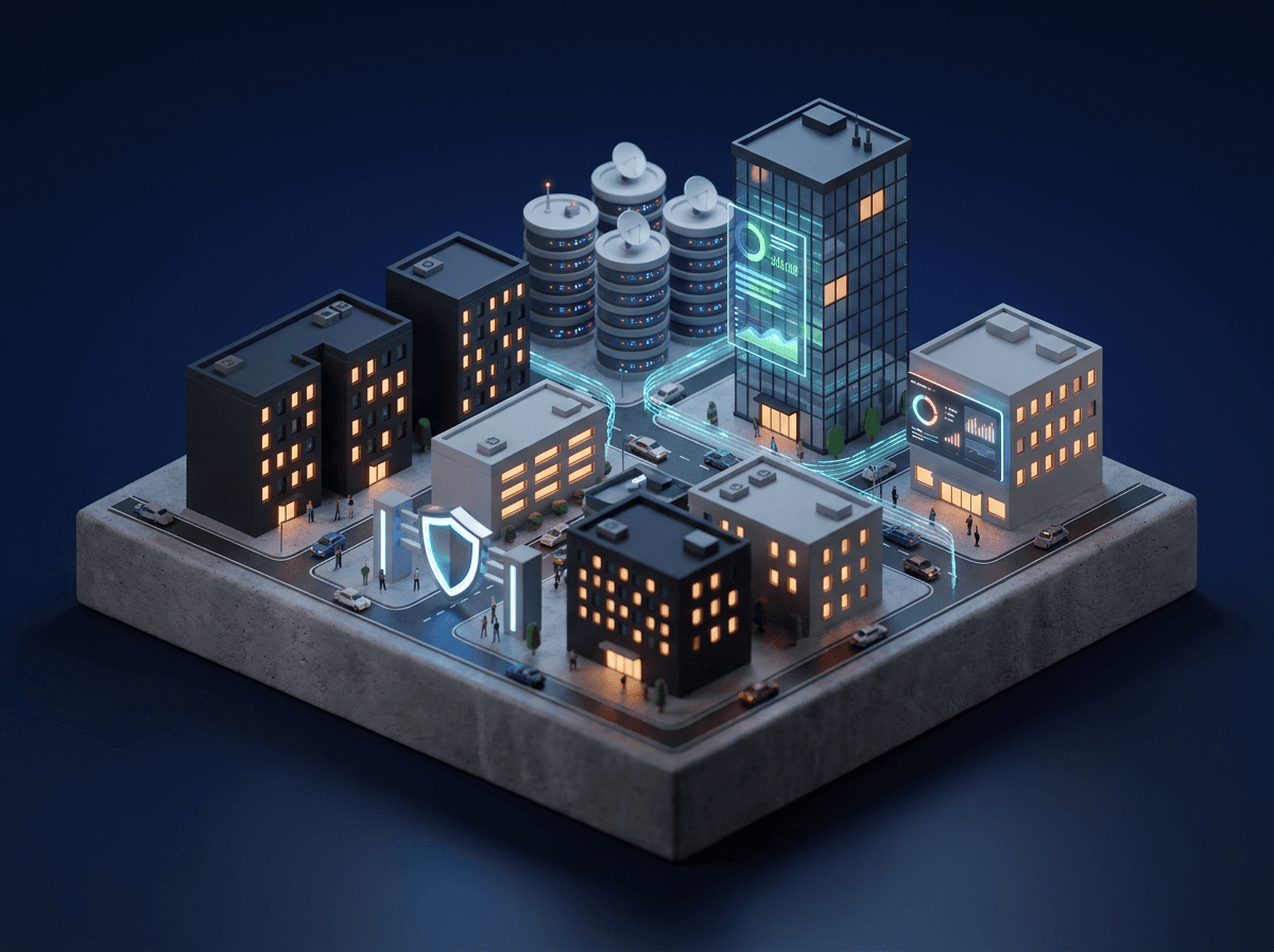 Render isometrico di una città con data center, dashboard e scudo di sicurezza